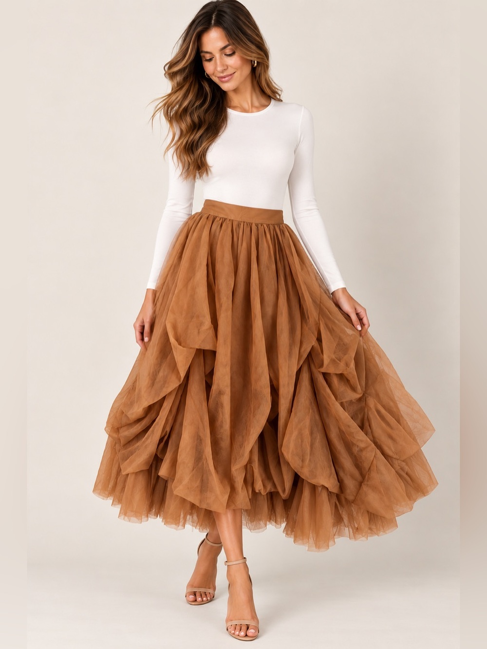Tiered Tulle Midi Skirt in Camel